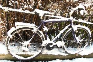Bicycle, snow, railing